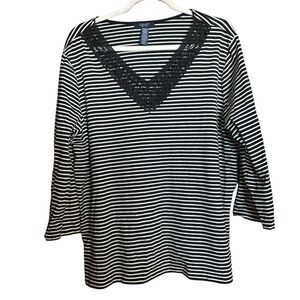 Chaps Top Womens 3X Multicolor Stripe Crochet Neckline Stretch V Neck Blouse